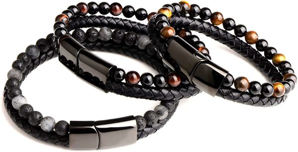 GENAC Bracelet Original Pour Homme En Perles De Pierres Naturelles 6mm Et Cuir Véritable De Haute Qualité Avec Fermoir Magnétique Amovible En Acier Inoxydable Pour Régler Facilement La Longueur – Image 4