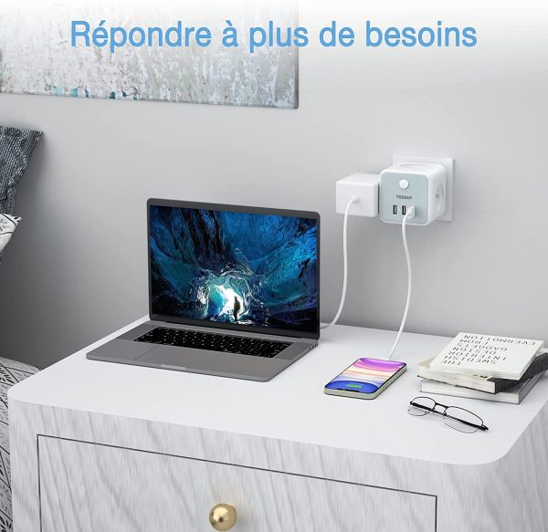 Prise USB Multiple, Multiprise Murale Cube 3 Prises avec 3 USB Secteur, 6 en 1 Prise Murale USB Secteur avec Interrupteur, Multiprise Electrique Murale USB Chargeur pour Domicile, Bureau – Image 7