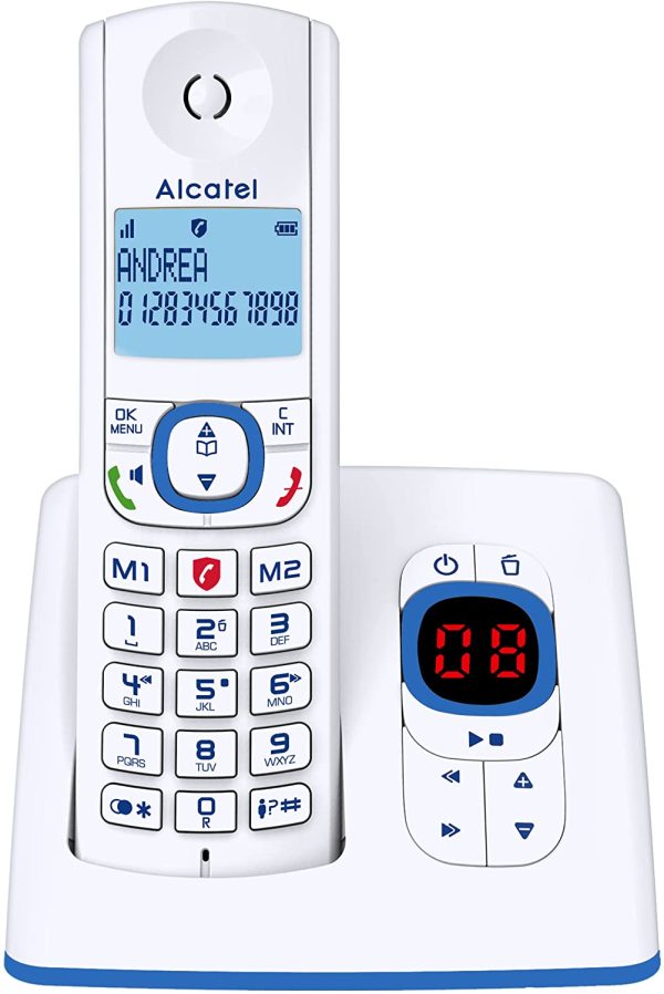 F530 Voice - Téléphone sans fil DECT aux coloris contemporains, Répondeur intégré, Mains libres, Ecran rétroéclairé, Sonneries VIP, 10 mélodies d'appel - Blanc/Bleu – Image 5