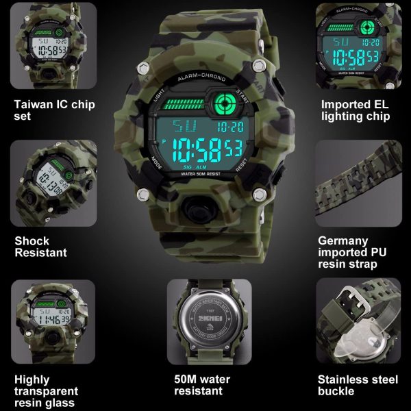 Enfants numériques Montres, Montre Militaire de Sports de garçons avec l'alarme/minuterie, étanche à 5 Barres pour Enfants Adolescents Camouflage électronique Montre Bracelet pour garçons par BHGWR – Image 3