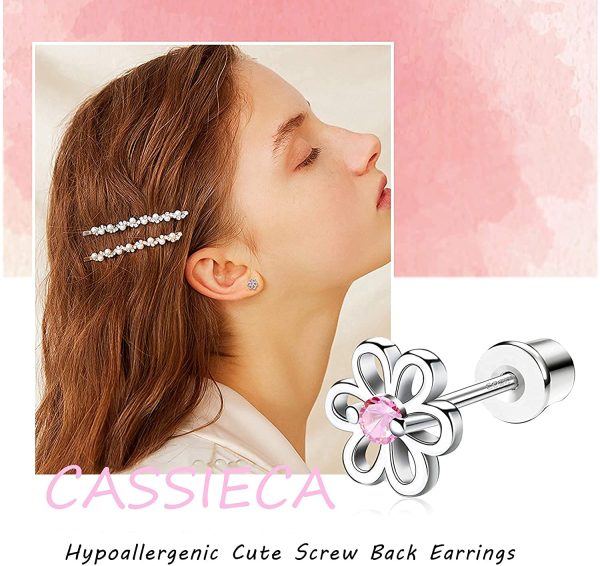 CASSIECA 3 Paires Boucles D'oreilles en Argent Sterling Enfants Filles Bébés Femmes Pink Zircone Coeur Boucles D'oreille Marguerite Minimalistes Boucles D'oreille Tiges Poussettes Sécurité à Vis – Image 5