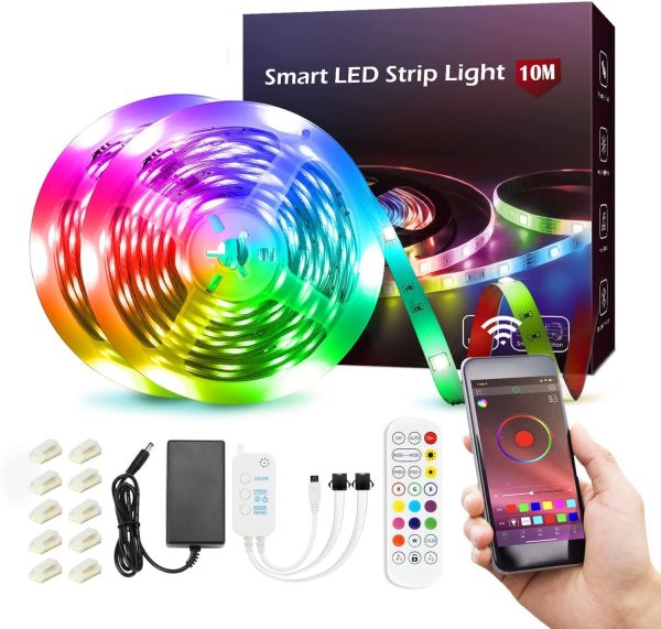 Ruban LED Bleutooth,10M Bande RGB 5050 LED Lumineuse Multicolore, avec Adaptateur, Convient Pour la Famille,la Chambre à coucher, la fête[Mise à niveau étanche/APP + télécommande intelligente] – Image 6