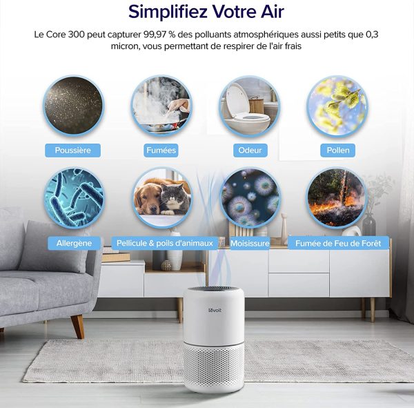 LEVOIT Purificateur d'Air Masion avec HEPA H13, CADR 187m³/h, 100%Sans Ozone| 24dB Mode Veille| Air Purifiers 3 Vitesses| Minuterie, Capturer 99,97% de Fumée Pollen Poussière Core 300