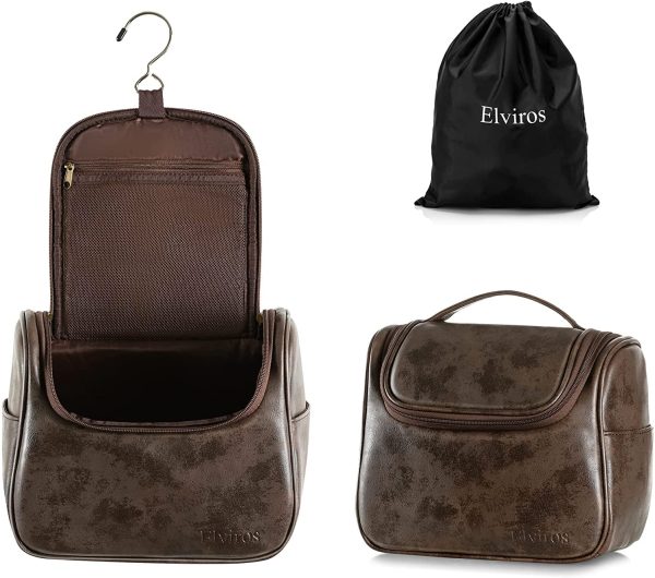 Elviros Trousse de Toilette pour Homme et Femme avec Grande Capacité avec Crochet, Trousse de Maquillage en Imperméable PU, avec Sac Étanche, 25 x 20 x 14 cm, Brun Chocolat – Image 8