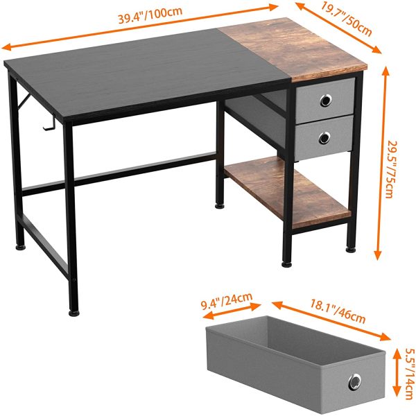 Bureau d'ordinateur avec 2 tiroirs, Table de Bureau en Bois pour Bureau, Salon, Maison, Bureau, 120 x 60 x 75 cm