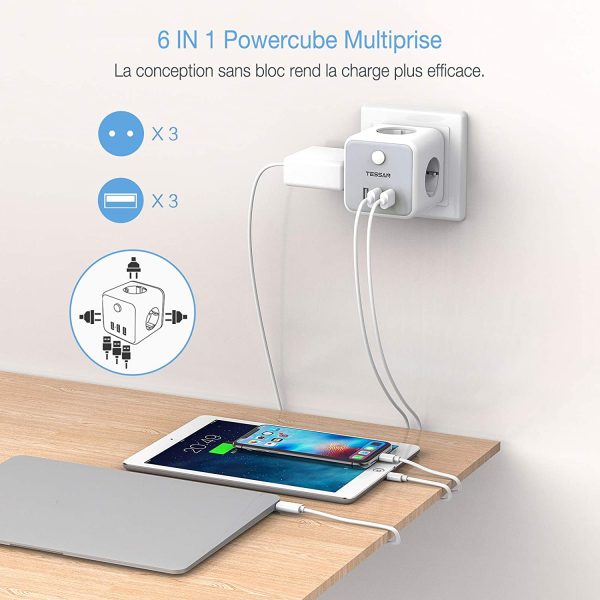 Prise USB Multiple, Multiprise Murale Cube 3 Prises avec 3 USB Secteur, 6 en 1 Bloc Multiprises USB Secteur avec Interrupteur, Multiprise Electrique Murale USB Chargeur pour Domicile, Bureau – Image 4