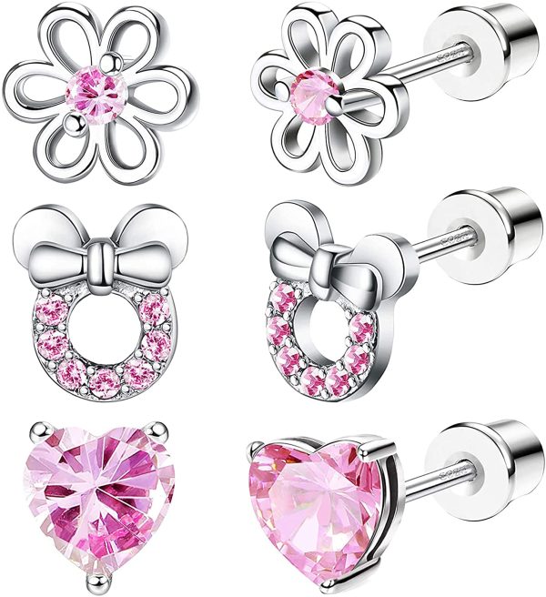 CASSIECA 3 Paires Boucles D'oreilles en Argent Sterling Enfants Filles Bébés Femmes Pink Zircone Coeur Boucles D'oreille Marguerite Minimalistes Boucles D'oreille Tiges Poussettes Sécurité à Vis – Image 2