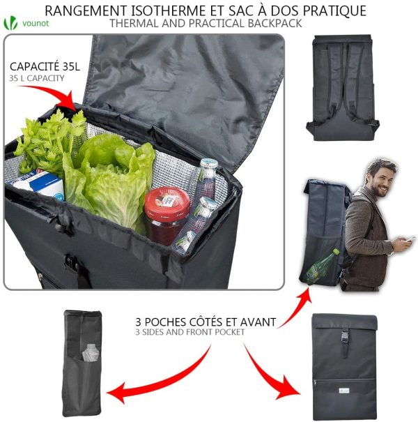 VOUNOT Chariot de Courses Solide Pliable avec Compartiment Isotherme 6 Roues 3 en 1 Sac à Dos Sac de Rangement Caddie Panier Montant Escalier Grande Capacité de 40L Charge Max 30Kg – Image 7