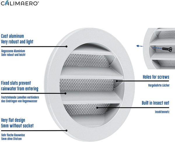 calimaero WSGG Grille Aeration Ronde 80 mm Grille Murale / Plafond Avec Moustiquaire Alu (Fine 2mm) Grille Ventilation Exterieur, Intérieur Fonte d'aluminium / gris argent – Image 7