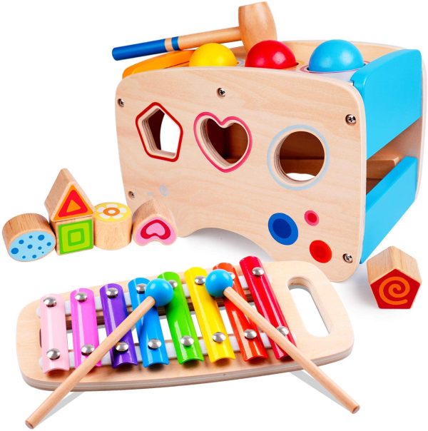 Rolimate Jouet en Bois Éducatif avec Jouet à Marteler 8 Notes Xylophone en Bois Cube de Tri de Formes Coloré Cadeau d’Anniversaire Noël pour Fille Garçon Plus de 1 2 3 + Ans