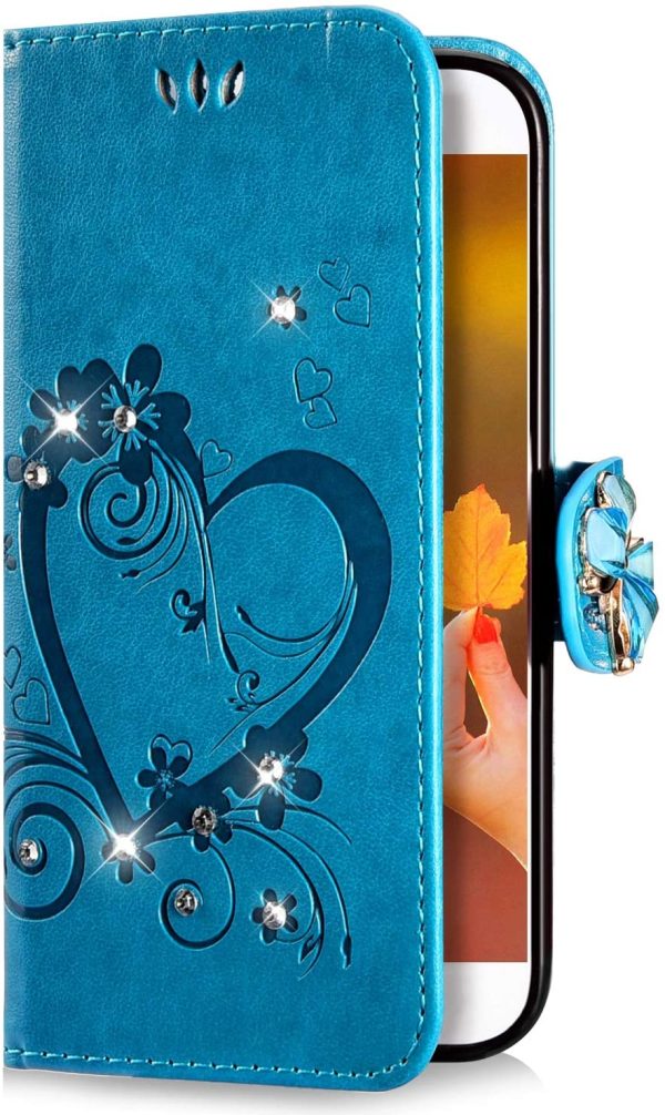 Coque Samsung Galaxy A40 Pochette Portefeuille en Cuir,Luxe Glitter Diamant Cœur Motif Coque à Rabat Magnetique PU Housse Etui de Protection Stand Flip Case pour Galaxy A40,Bleu – Image 5