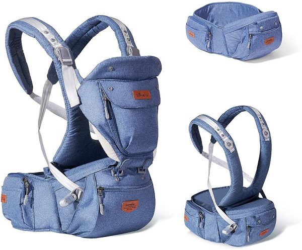 Porte-bébé Ergonomique avec Siège de Hanche- SUNVENO Porte-bébé Randonnee avec Sangle Amovible,Porte-bebe Physiologique avec Tabouret 0-36 Mois,5 Positions et 3 en 1 Usages,0-20KG, Bleu