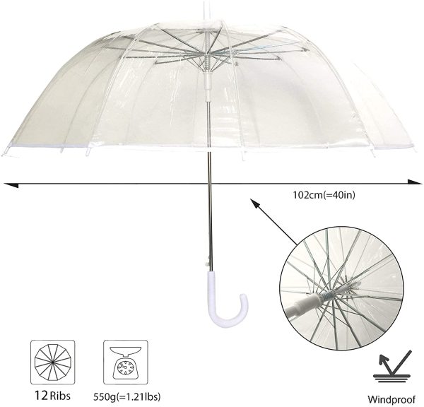 SMATI Grand Parapluie Long Transparent - Résistant au Vent ; 12 Baleines ; Diamètre=102cm ; Ouverture Automatique ; Parapluie Femme ; idéal Mariage ; Couleur liseré Blanc – Image 2