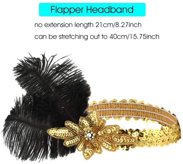 FEPITO 7 Pièces 1920s Flapper Great Gatsby Accessoires Set Mode Roaring 20's Thème Set avec Bandeau Casque Long Gants Noirs Collier Boucles D'oreilles pour Femmes (Ensemble A) – Image 3