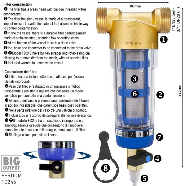 FERDOM FD246. Pré-filtre, Sédiments Spin-Down. Max 4 m3/h. Connexions 3/4" et 1" (DN20 / DN25), Maille Inox 40-60 m, 90 cm2, Réutilisable, Grattoir Intégré. Tête en Laiton, Corps Transparent. – Image 6