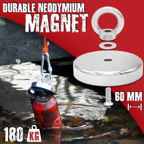 Magfishion - Aimant Neodyme Puissant - 180 kg ??Aimant de Pêche - Ø 60 mm - avec corde (20m) et Gants - Kit de pêche magnétique ??aimant à œil – Image 3