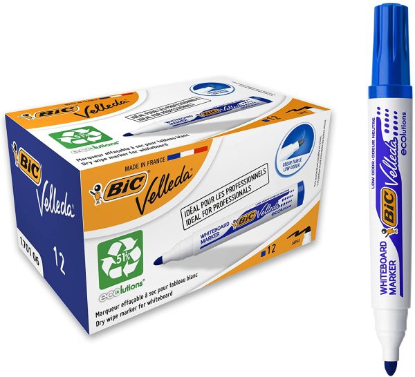 BIC Velleda 1701 ECOlutions Feutres pour Tableau Blanc Effaçables à Sec à Pointe Conique Grande - Bleu, Boîte de 12 – Image 2