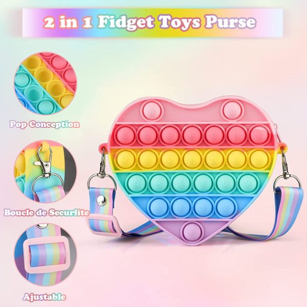 OBOVO Pop Sac It, Fidget Toy Sac Push Pop Bubble It Portefeuille à Main 2 en 1, Sac de Messager à Bandoulière Sensory Multicolore Silicone, Jouets Anti-Stress Sac à Main pour Fille et Enfants - Cœur – Image 3