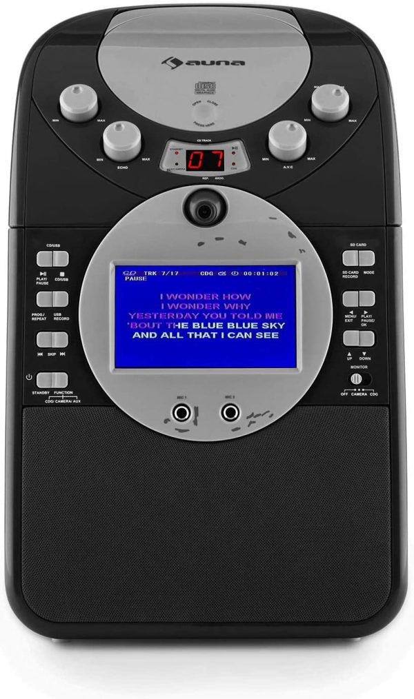 ScreenStar - Chaîne karaoké, Ecran TFT Couleur 9 cm, Lecteur CD, Caméra Frontale réglable, Port USB, Deux Microphones dynamiques filaires, Lecture programmable - Noir – Image 6