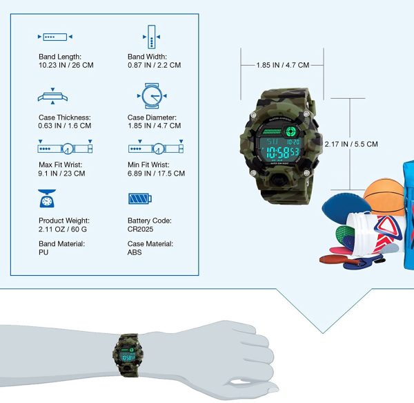 Enfants numériques Montres, Montre Militaire de Sports de garçons avec l'alarme/minuterie, étanche à 5 Barres pour Enfants Adolescents Camouflage électronique Montre Bracelet pour garçons par BHGWR – Image 6