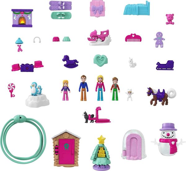 Polly Pocket Calendrier de l’Avent sur le thème de Noël en famille avec 25 surprises, jouet pour enfant dès 4 ans, GYW07