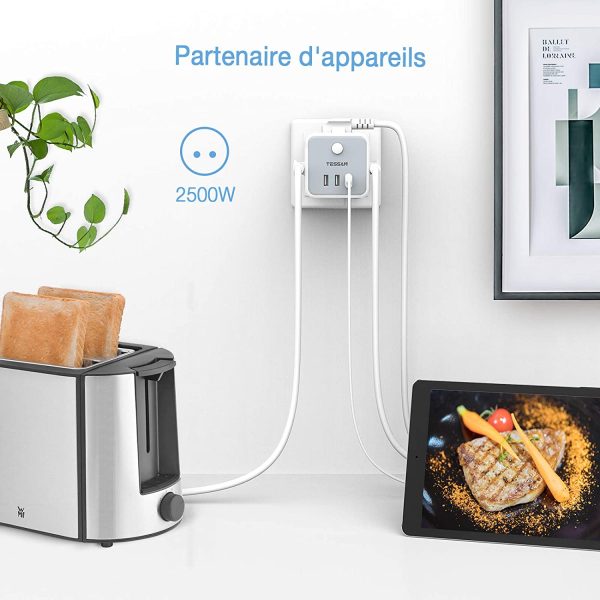 Prise USB Multiple, Multiprise Murale Cube 3 Prises avec 3 USB Secteur, 6 en 1 Bloc Multiprises USB Secteur avec Interrupteur, Multiprise Electrique Murale USB Chargeur pour Domicile, Bureau – Image 7