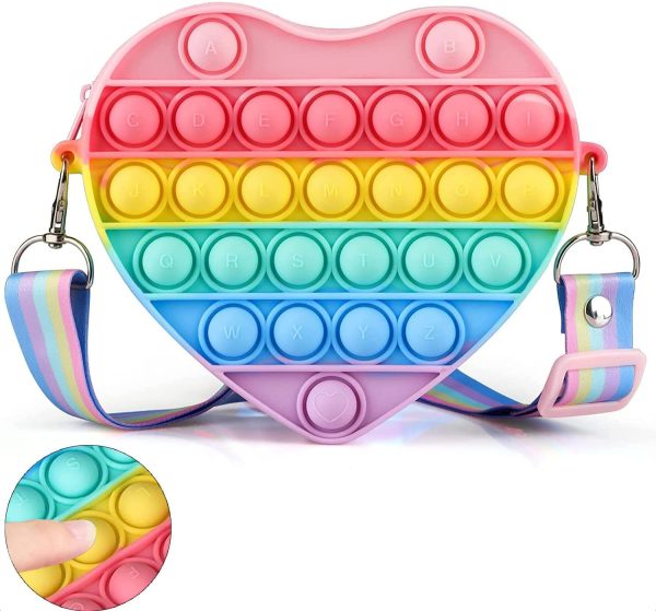 OBOVO Pop Sac It, Fidget Toy Sac Push Pop Bubble It Portefeuille à Main 2 en 1, Sac de Messager à Bandoulière Sensory Multicolore Silicone, Jouets Anti-Stress Sac à Main pour Fille et Enfants - Cœur