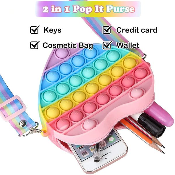 OBOVO Pop Sac It, Fidget Toy Sac Push Pop Bubble It Portefeuille à Main 2 en 1, Sac de Messager à Bandoulière Sensory Multicolore Silicone, Jouets Anti-Stress Sac à Main pour Fille et Enfants - Cœur – Image 4