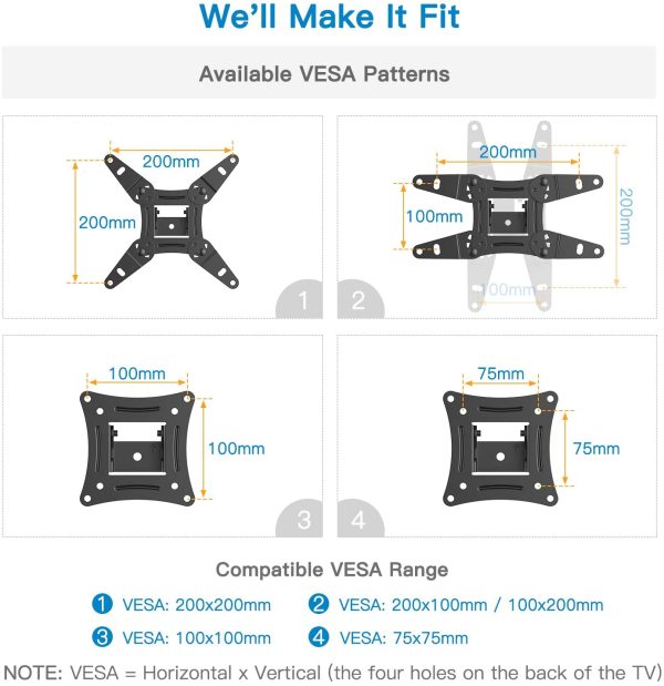 Support Mural TV pour écrans 13-42 Pouces LED LCD et courbé Support TV Inclinable et orientable - Support TV avec VESA Max de 200x200mm Capacité Max de 20kg – Image 3