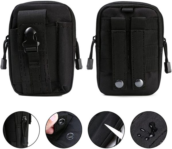 flintronic Sac Tactique Ceinture, Nylon Sacoche Ceinture | Noir | Multifonctionnelle Molle EDC Gadget Sac pour Téléphone, Plein-Air, Randonnée, Alpinisme et Cyclisme (avec 1* Mousquetons)