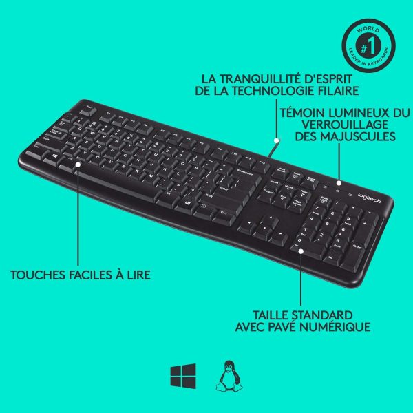 K120 Clavier filaire Business Windows, Plug-and-Play USB, Touches Silencieuses Ultra-Plates, Taille Standard, Etanche, Barre d’Espacement Incurvée, Clavier AZERTY Français - Noir – Image 5