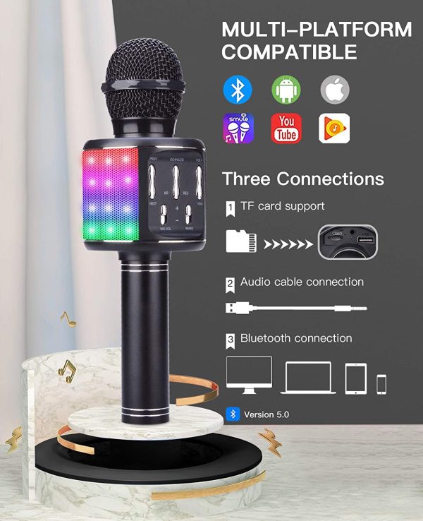 ShinePick Microphone Sans Fil Karaoké, Microphone Bluetooth Machine à Karaoké Accueil Lecteur KTV avec Lumières Dansantes, Sons Magiques, Cadeau Enfants pour Android/iOS (Noir) – Image 5