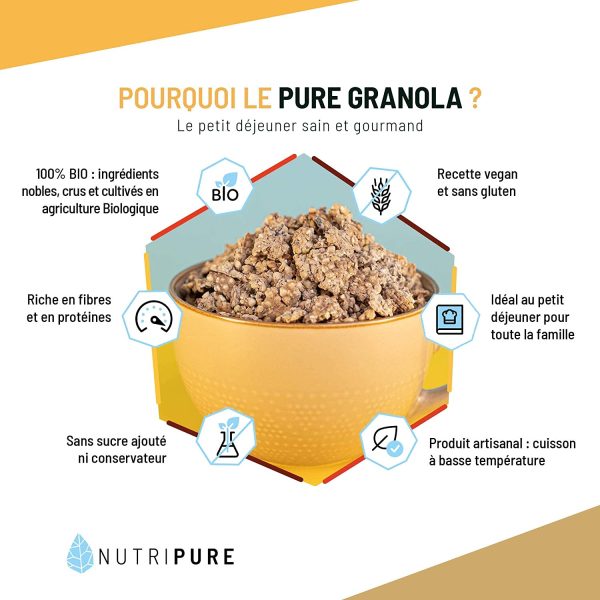 Pure Granola Bio ??Pépites de chocolat noir ??Artisanal ??Riche en protéines et fibres ??Muesli Vegan, cru, sans conservateur, sans gluten ni sucre ajouté ??350g ??NUTRIPURE – Image 5