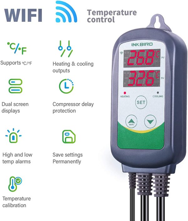 ITC-308-WIFI Prise Thermostat Chauffage Refroidissement Regulateur de Temperature,Thermostat Numerique Thermostat Terrarium avec Sonde 2 Relais 220V pour Couveuse,Brassage – Image 3