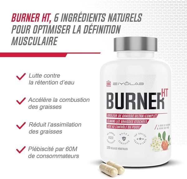 BURNER HT | Brûleur de Graisse Puissant | Coupe Faim Efficace | L-Carnitine + Guarana + Thé Vert + Garcinia Cambogia + Maté | 120 Gélules Vegan | Spectre Complet pour Perte de Poids | Eiyolab – Image 2