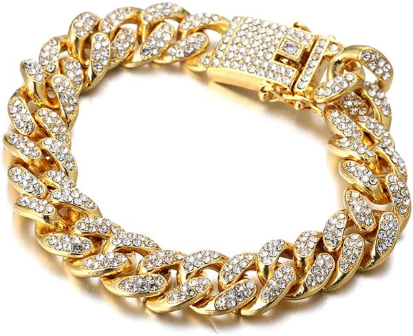 HALUKAKAH Diamant Chaîne Cubaine pour Enfant,14MM Garçons Or Véritable 18 Carats/Platine Or Blanc Plaqué Collier Bracelet Diamants de Laboratoire Ensemble de Griffes 8-15 Ans.Coffret Cadeau Gratuit