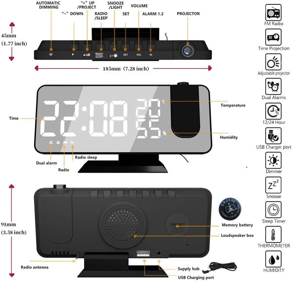 Reveil Projecteur avec Radio, Horloge Numérique, Radio Reveil USB avec Double Alarme et Écran Miroir LED de 7, Snooze, 4 Niveaux de Luminosité, 12/24h, 15 Volume, La Maison, Le Bureau – Image 6