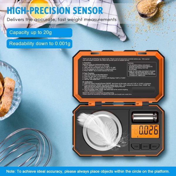 Balance de Précision, 20g/0.001g, 20g de Poids D'étalonnage et Pincettes Électrostatiques, Balance de Poche avec Écran LCD, avec Fonction de Tare, Acier Inoxydable (Batterie Incluse, Orange) – Image 2