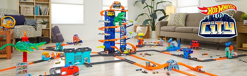 Hot Wheels City Super Dino Robot Garage avec T-Rex, pour contenir jusqu’??100 petites voitures