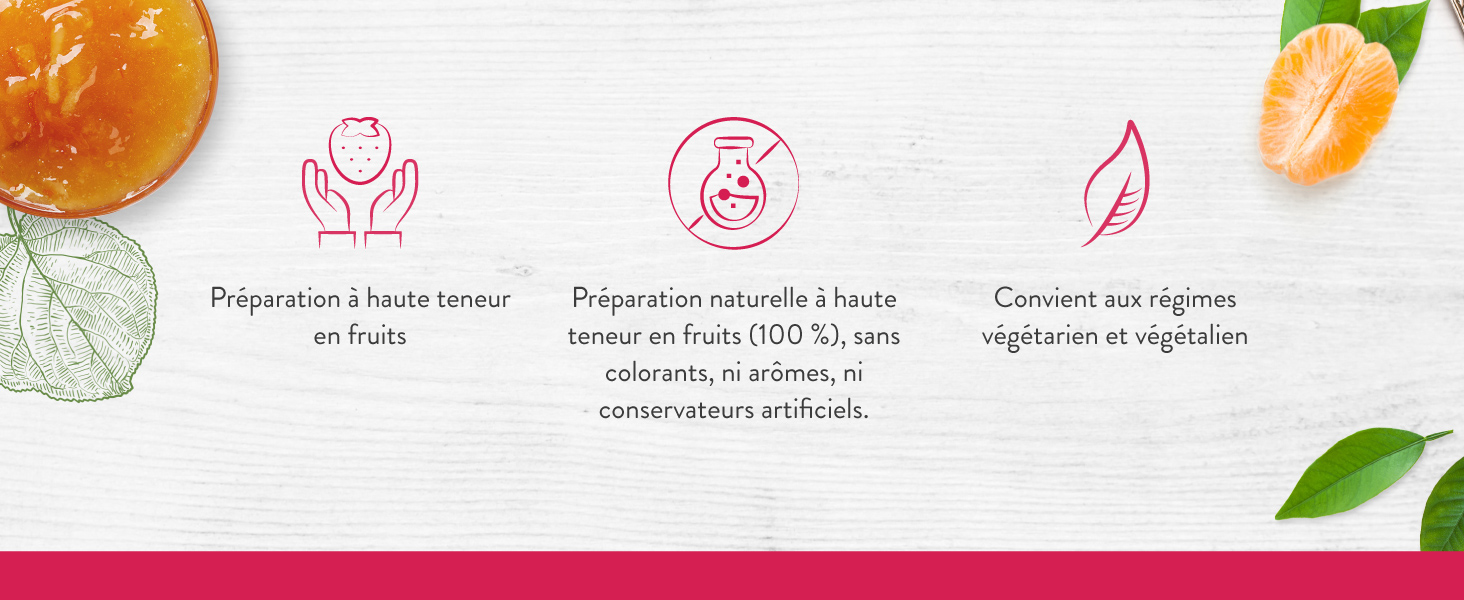 Préparation naturelle à haute teneur en fruits (100 %), sans colorants, ni arômes, 