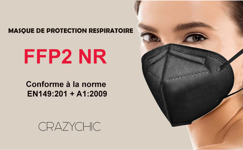 CRAZYCHIC - Masque FFP2 Noir - Norme CE EN149 - Masque de Protection Respiratoire Certifié - Haute 