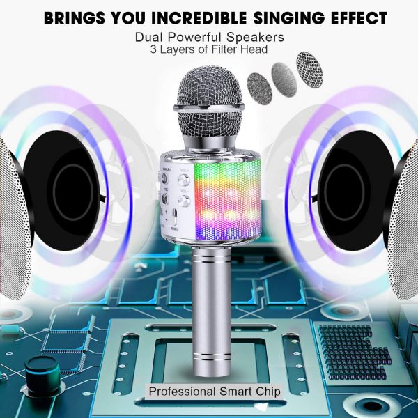 ShinePick Microphone Karaoke Sans Fil, Karaoké Microphone Bluetooth Portable pour Enfants/Adultes Chanter, Compatible avec Android/IOS/PC/Smartphone (Argent) – Image 2