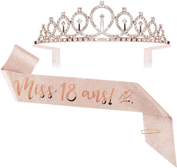 Écharpe Rose Miss 18/20/30/40 ans Fille C'est mon Anniversaire et Tiara Diadème Couronne Anniversaire Princesse en Strass Faux Cristal Birthday Décoration Accessoire Cadeau pour Anniversaire Fête – Image 2