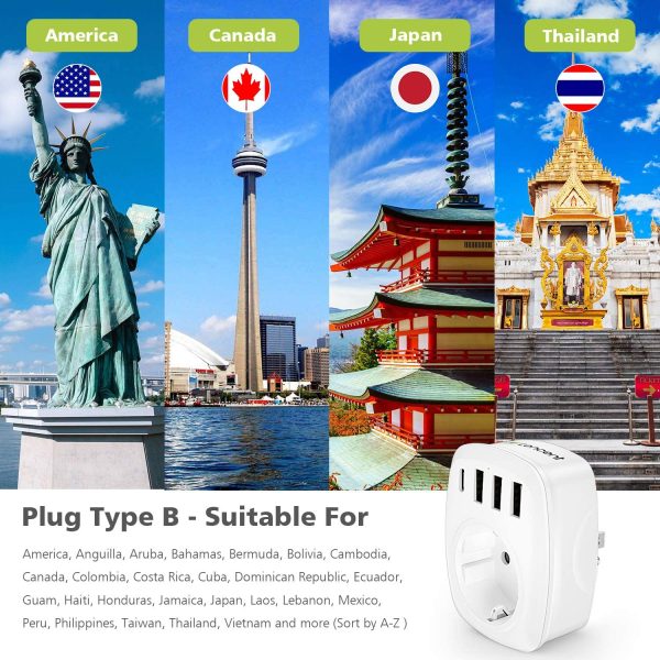 Adaptateur Prise Americaine USA Canada France Adaptateur de Voyage avec 3 USB et 1 Type-C, Europe Francaise FR 2 Broches vers US 3 Broches pour États Unis Canada Mexique Thailande Type B