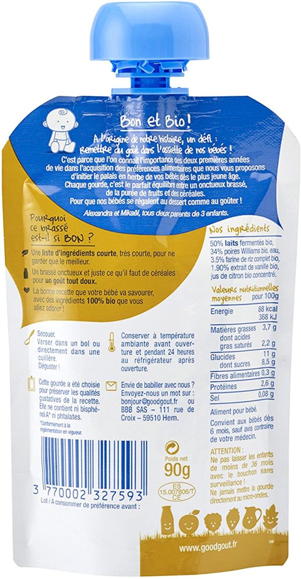 Good Goût - BIO - Brassé Poire Vanille Dessert Lacté dès 6 Mois 90 g - Pack de 10