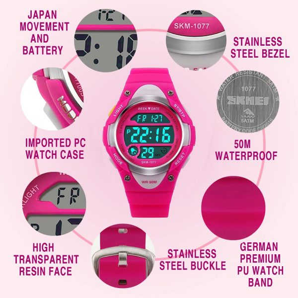 Digital montres pour filles cadeaux ??Enfants Sports de plein air montre avec rétro-éclairage LED, 5 ATM étanche montre de sport électroniques pour enfants avec semaine pour adolescents Rose par RSVOM – Image 3