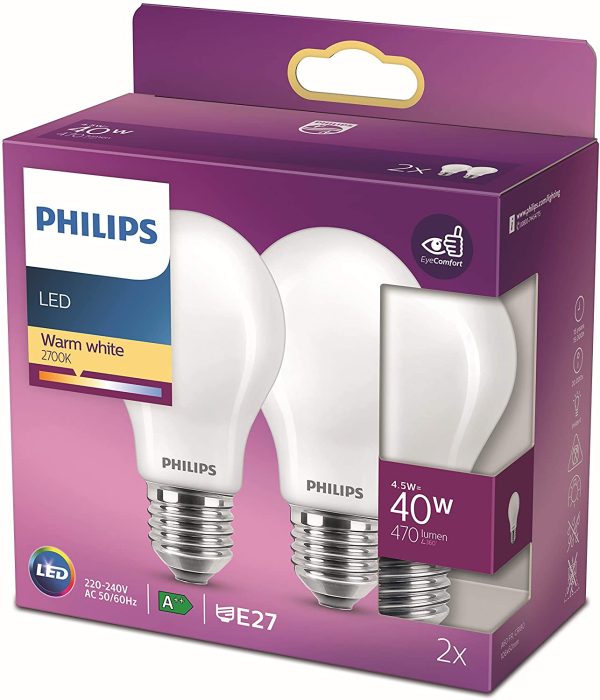 Philips ampoule LED Standard E27 40W Blanc Chaud Dépolie, Verre, lot de 2 – Image 2