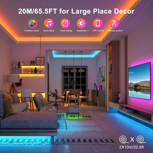 Ruban LED 20M Led Chambre 5050 RGB Bande LED avec Télécommande 40 Touches,Synchroniser avec Rythme de Musique, Contrôlé par APP du Smartphone,LED Ruban pour Maison Décoration, Cuisine, Mariage