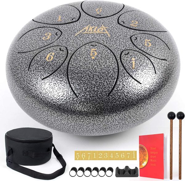 Tambour à langue d'acier AKLOT 8 pouces 8 Notes Tank Drum C Key Percussion Steel Drum Kit w/Drum Maillets Note Stickers Finger Picks Mallet Bracket and Gig Bag – Image 3