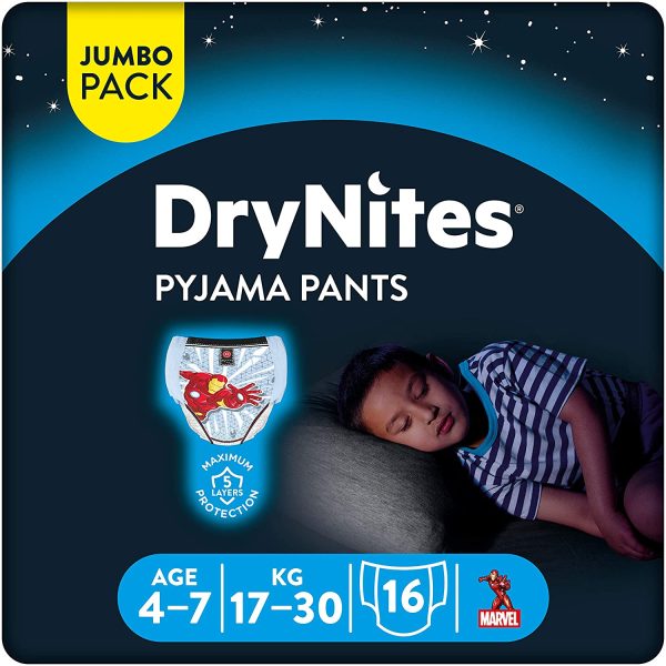 Huggies Drynites 4-7 ans Garçon (17-30 kg) - Sous-Vêtements de Nuit Absorbants pour Enfants qui font Pipi au Lit - x16 Culottes